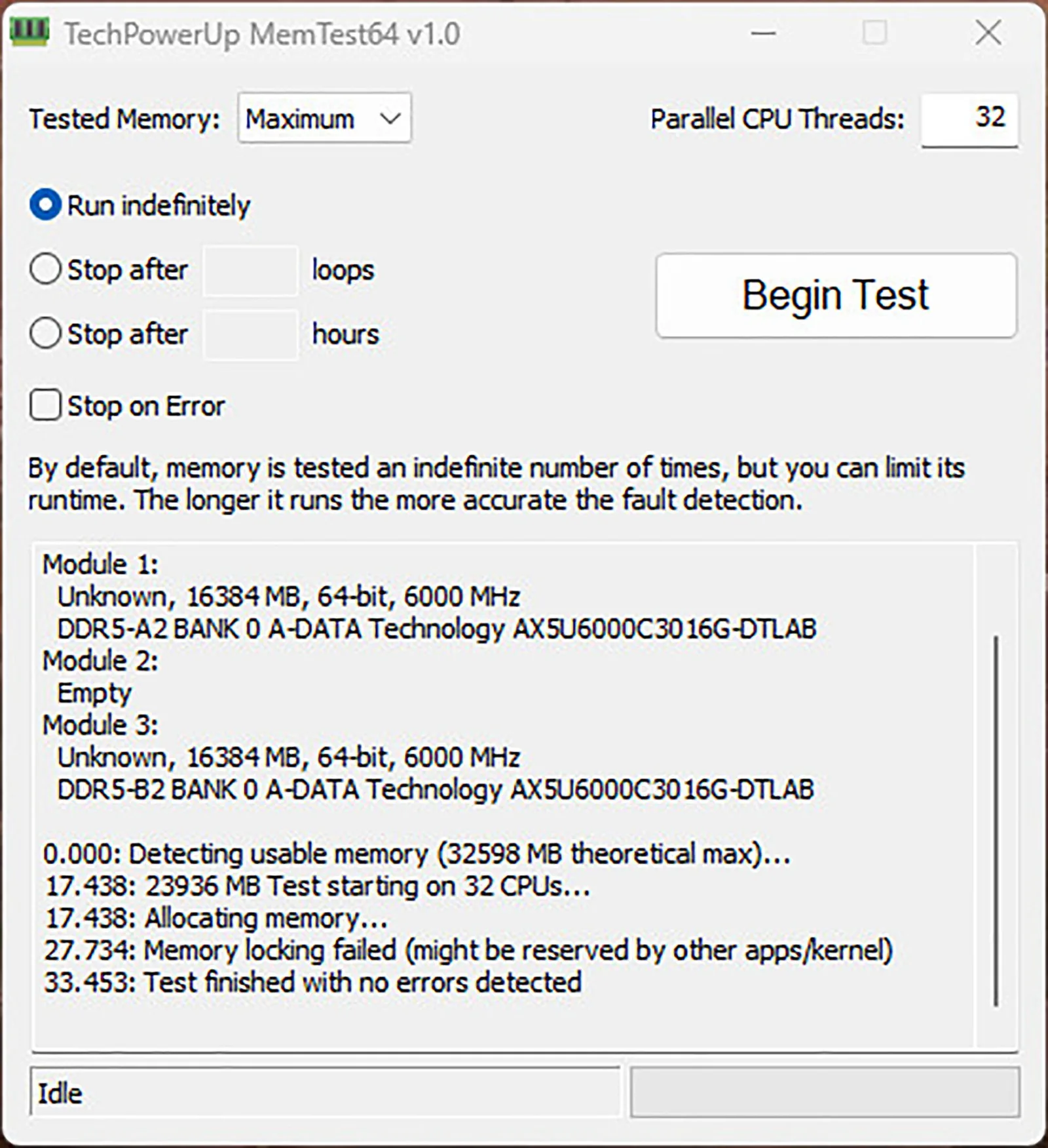اختبار برنامج MemTest 64 لـ تردد 6000MT/s