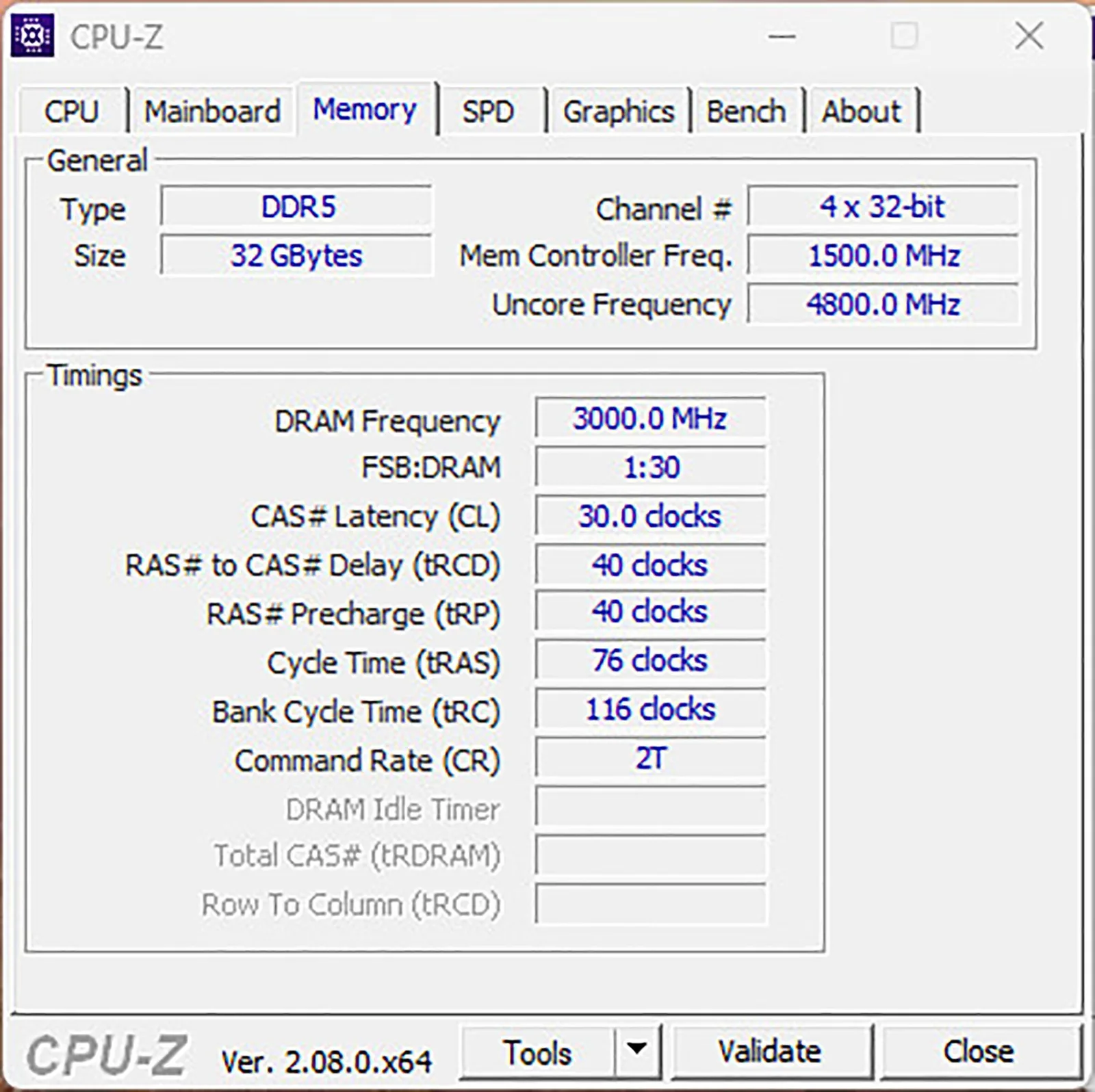 CPU-Z يوضح التردد الأساسي للذواكر مع توقيت الذواكر لـ تردد 6000MT/s