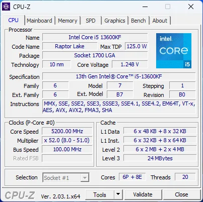 صورة عامة توضح مواصفات المعالج بواسطة Cpu Z