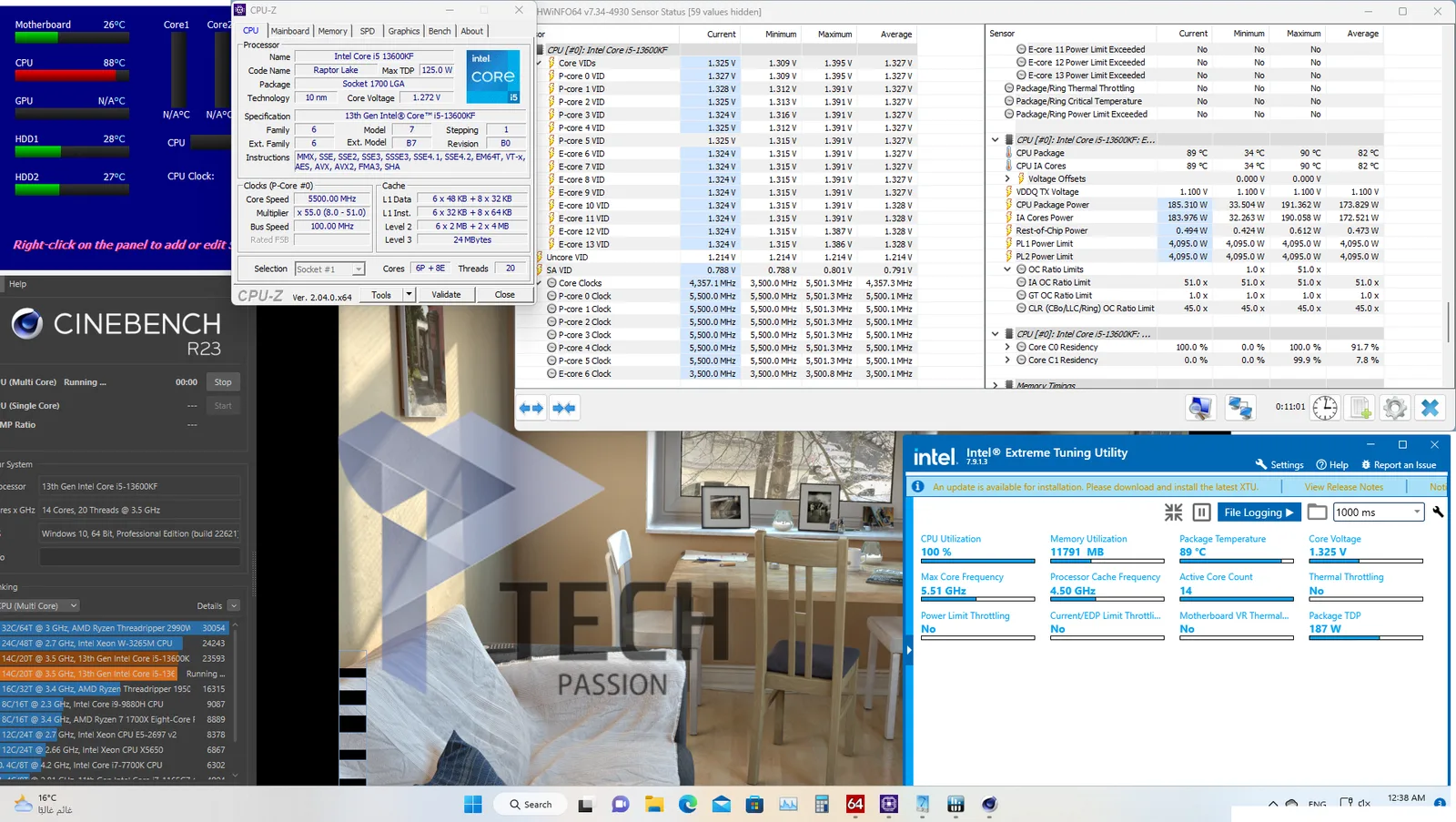 توضح الصورة اختبار المبرد ببرنامج cinebench R23 في تعدد الأنوية باستخدام تردد 5.5GHz