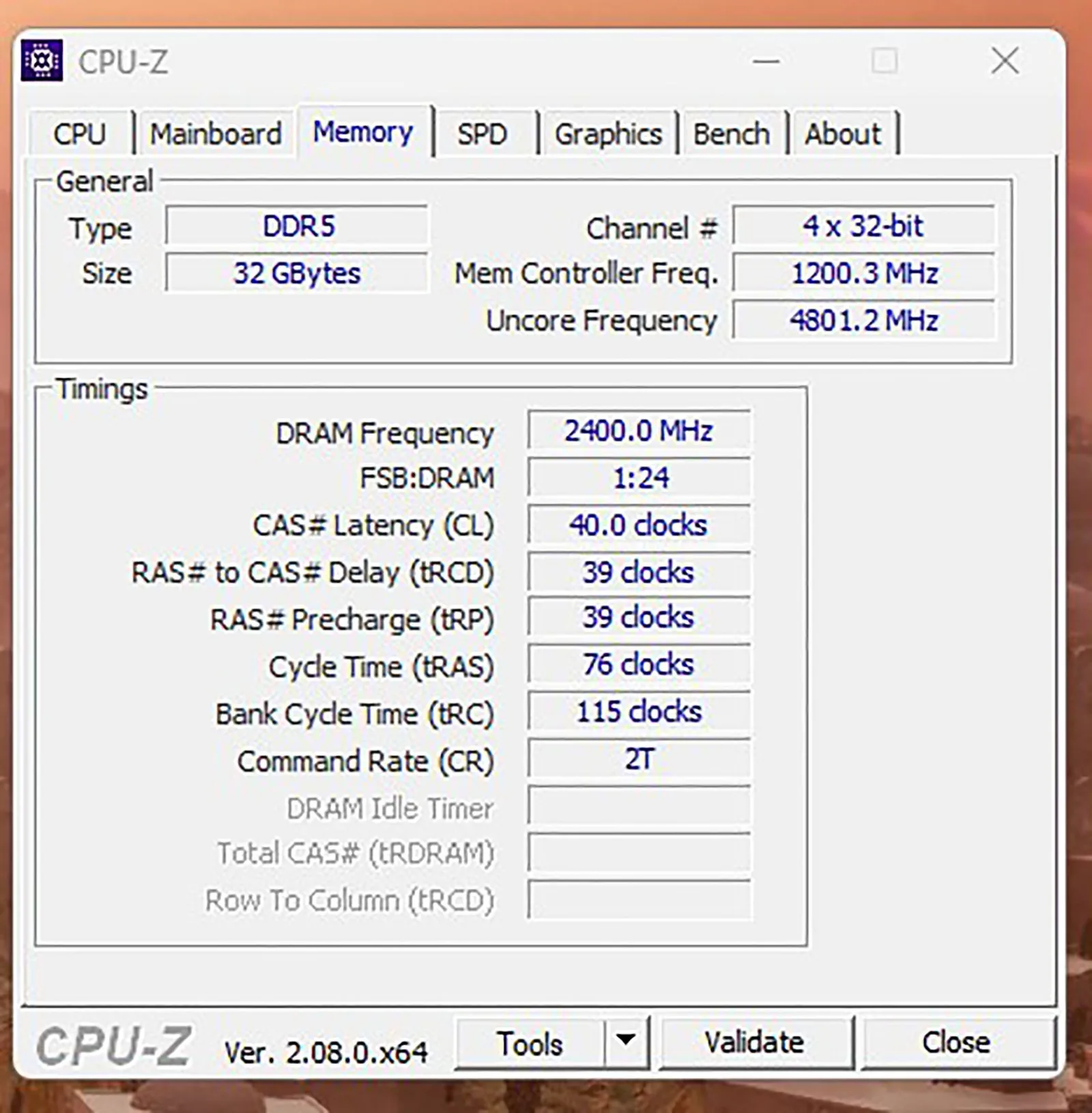 برنامج CPU-Z يوضح التردد الأساسي للذواكر مع توقيت الذواكر لـ تردد 4800MT/s