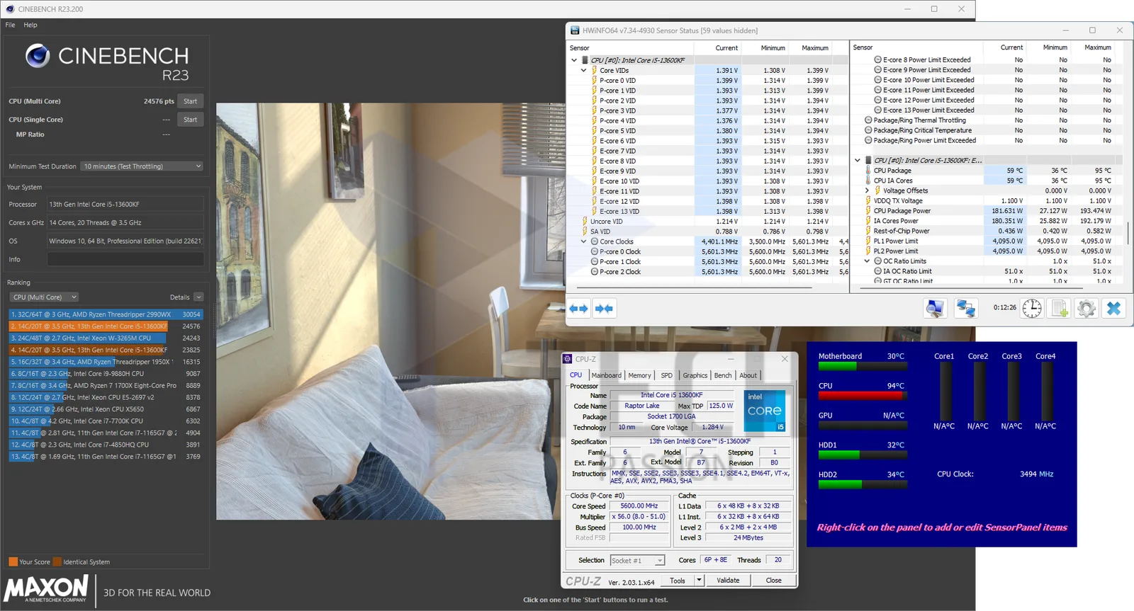 نتيجة اختبار برنامج CINEBENCH R23 في حالة تعدد الأنوية لمبرد Noctua NH-D15 Chromax Black
