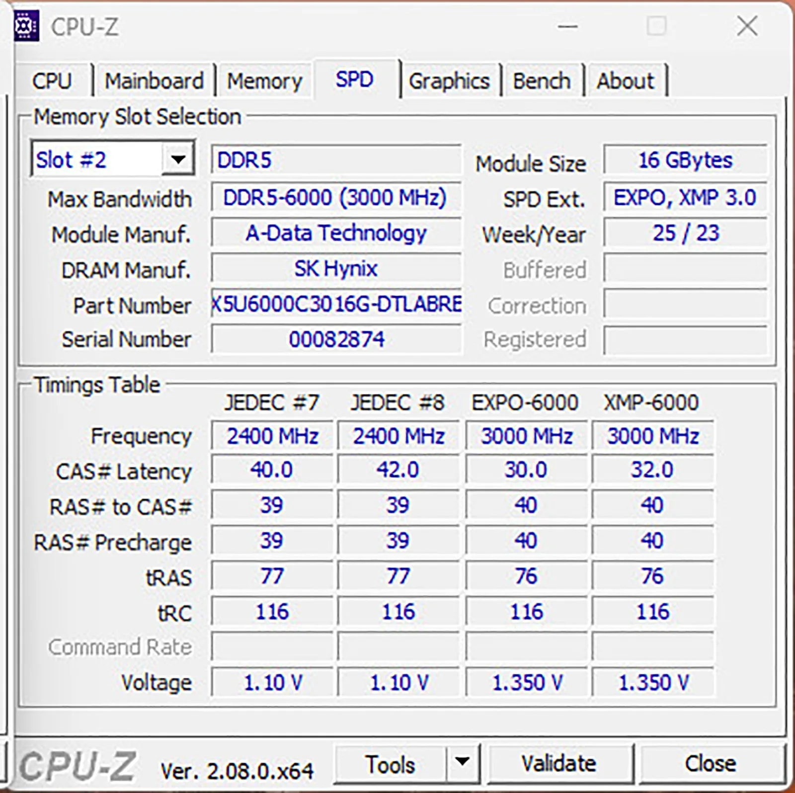 برنامج CPU-Z يوضح تسلسل الذواكر وفرق التوقيت بين EXPO و XMP
