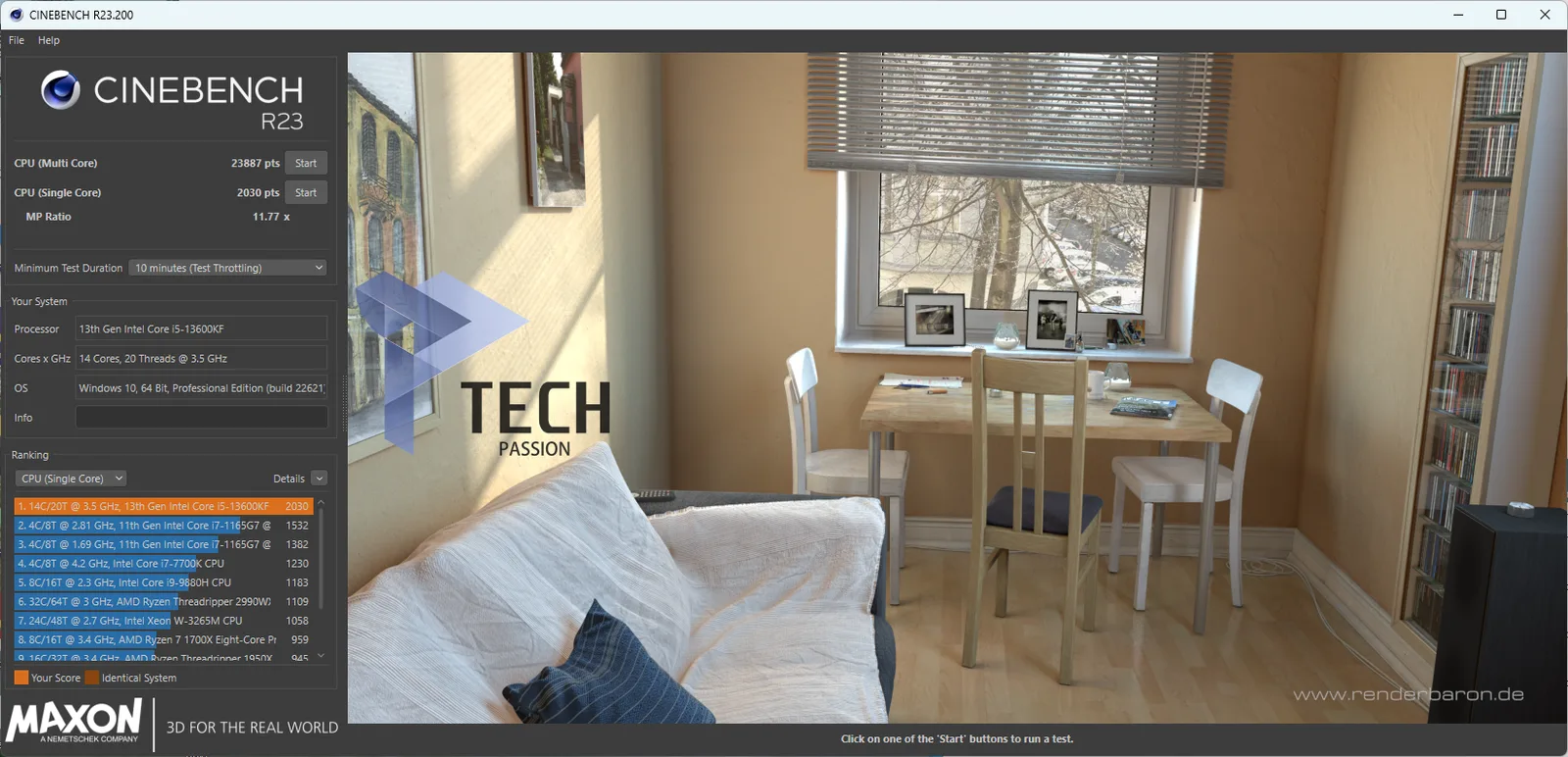 النتيجة الكلية لبرنامج cinebench R23 في حالة الثبات