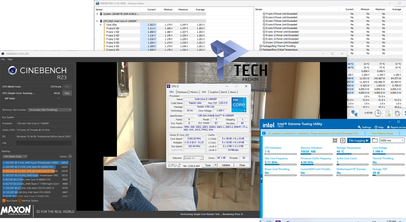 CINEBENCH R23 في تردد 5.1GHz حالة الثبات في اختبار النواة الواحدة
