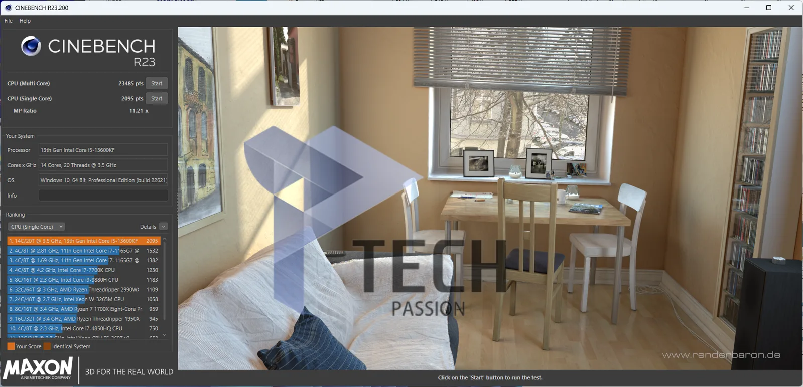 توضح الصورة النتيجة الكلية لاختبار برنامج cinebench R23 مع تردد 5.5GHz