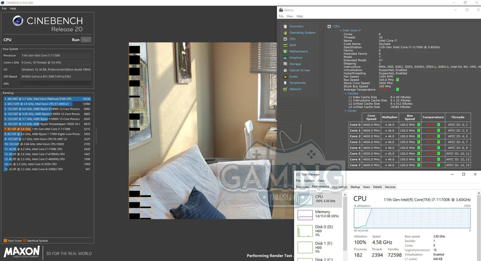 توضح الصورة نتيجة برنامج cinebench R20
